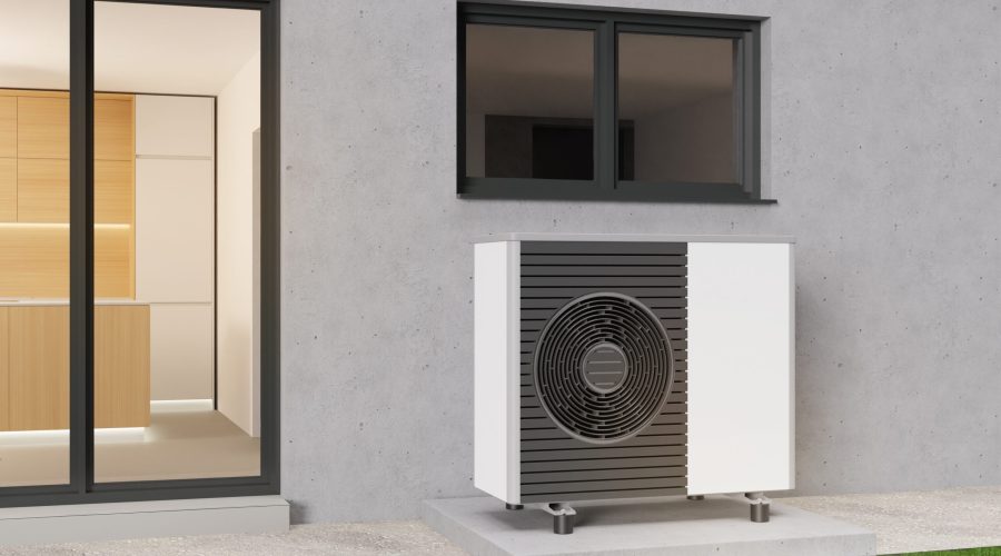 Air heat pump standing outdoors. Modern, environmentally friendly heating. Save your money with air pump. Air source heat pumps are efficient and renewable source of energy. 3d rendering